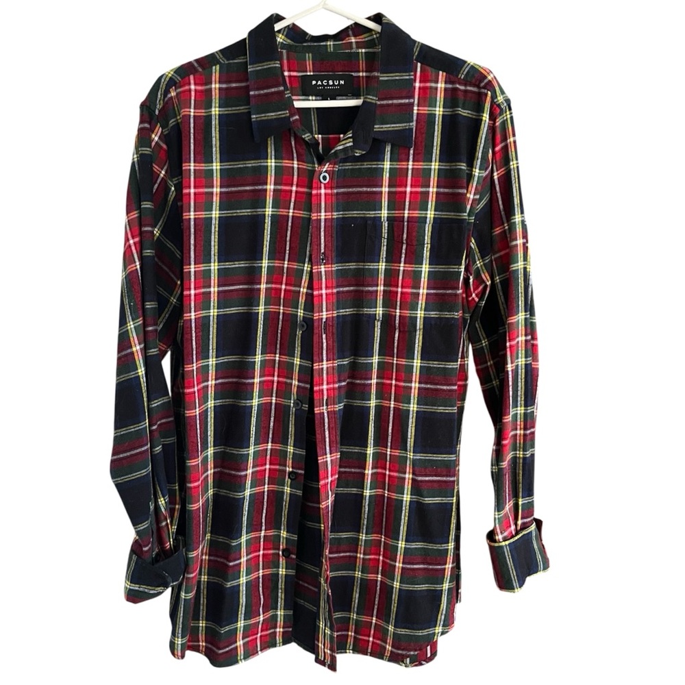 PacSun Men’s Red, Black & Yellow Plaid Button-Down Shirt
